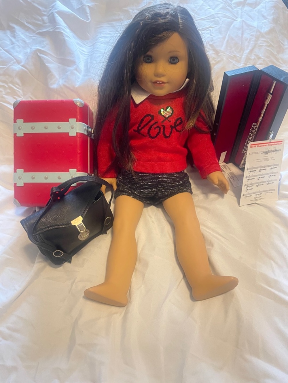 American Girl Doll with Red 'Love' Sweater and Black Shorts